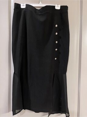 SHEIN Black Midi Skirt with Side Buttons and Sheer Panels